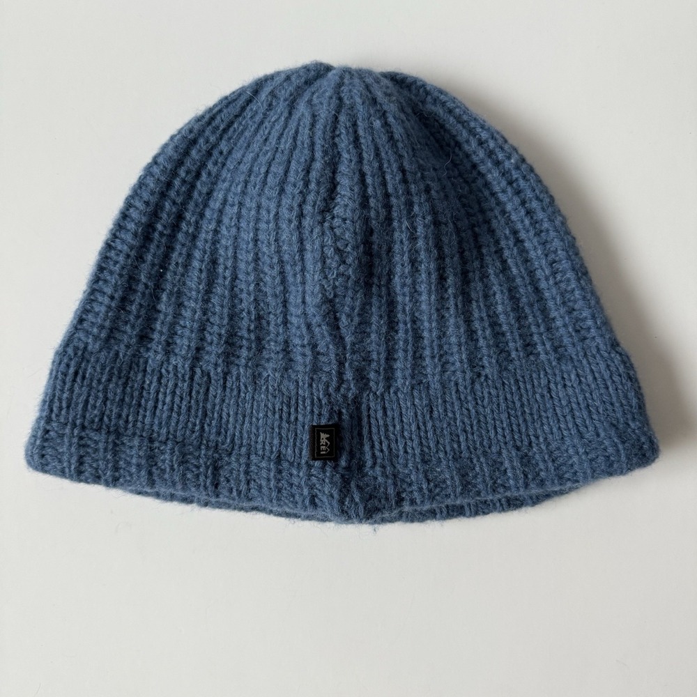 REI co-op Blue wool blend‎ knit winter beanie hat fleece interior headband